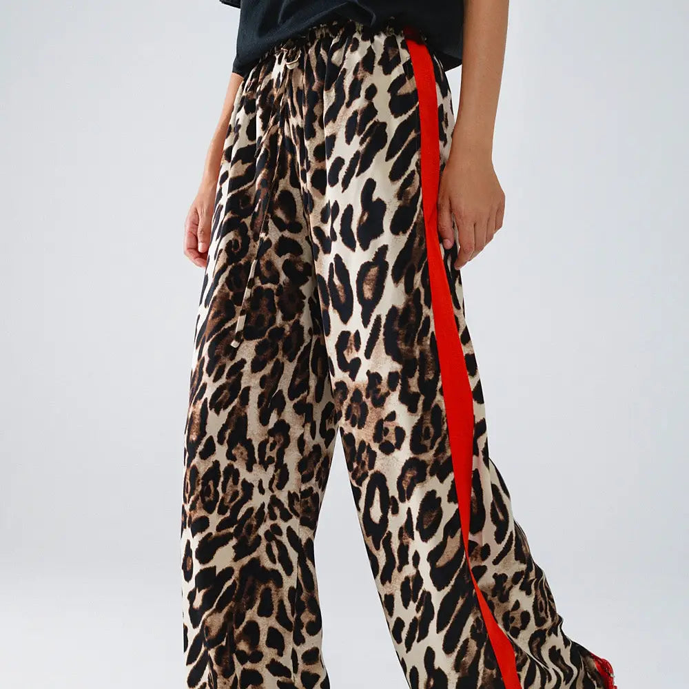 Leopard Wide Leg Pant with Red Stripe