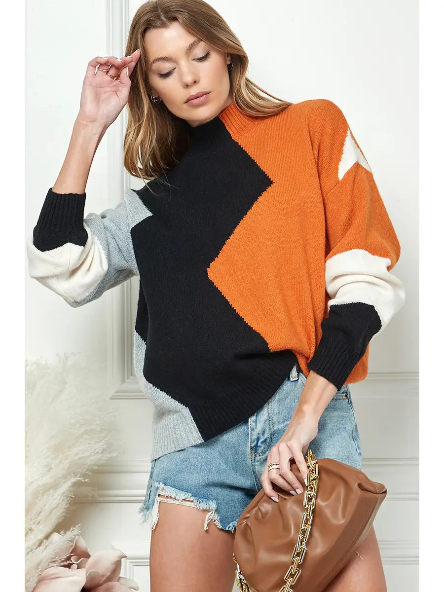 Mock Neck Black, Orange and Gray Sweater