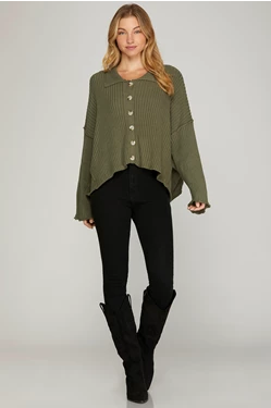 Long Sleeve Button Down Collared Ribbed Sweater Olive Color