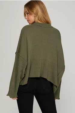 Long Sleeve Button Down Collared Ribbed Sweater Olive Color