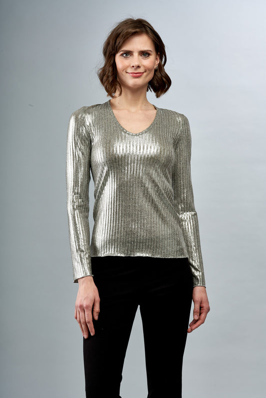 Solid Ribbed Shirt V Neck Long Sleeve in Pewter or Rose Gold