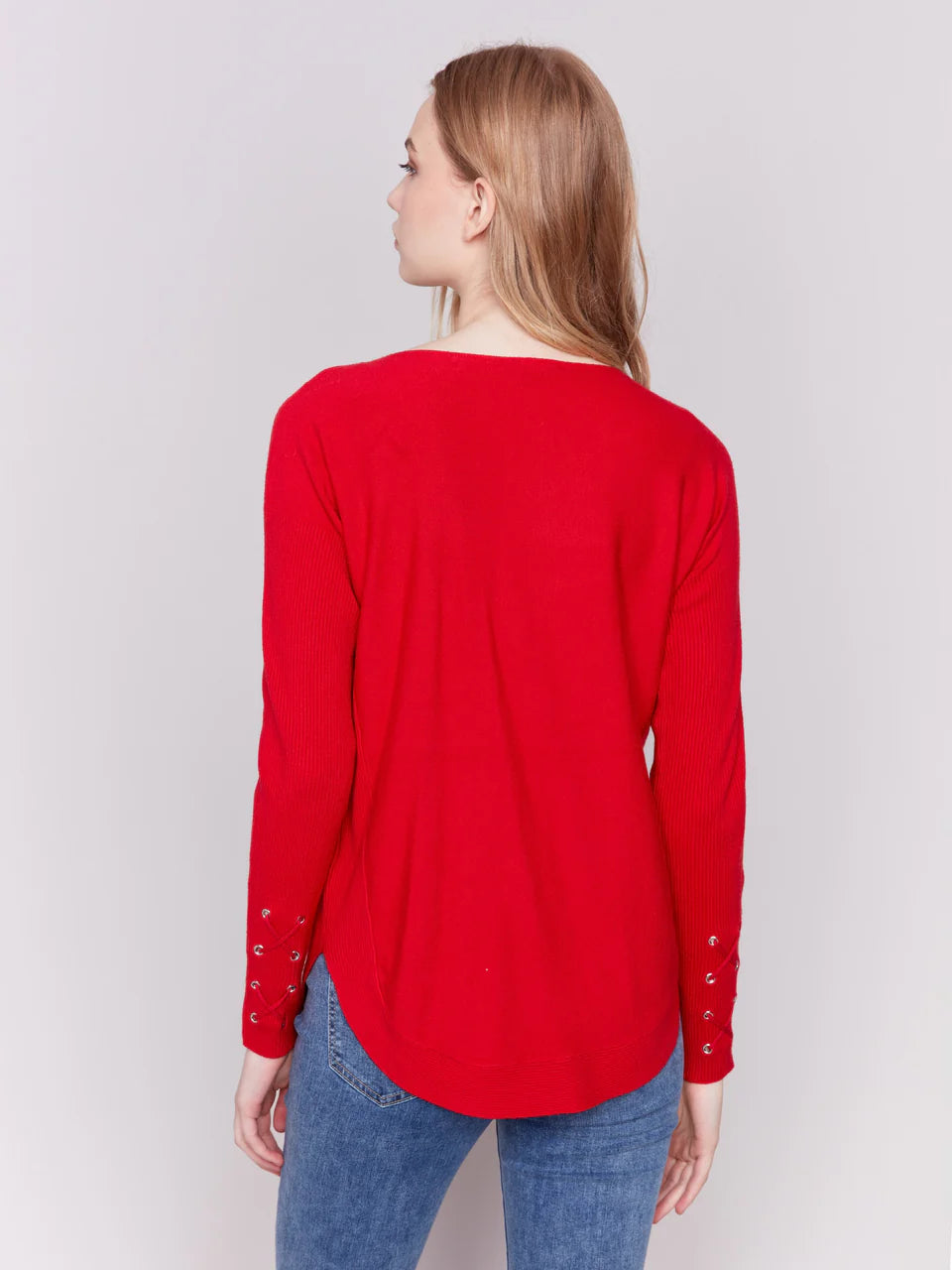 Round Hem Sweater w/Front Pocket and Lacing Detail