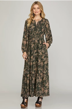 Long sleeve print  maxi dress with side pockets Sea Green