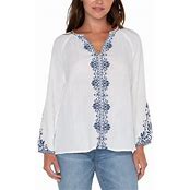 Embroidered Gauze Top, Long Sleeve White/Navy